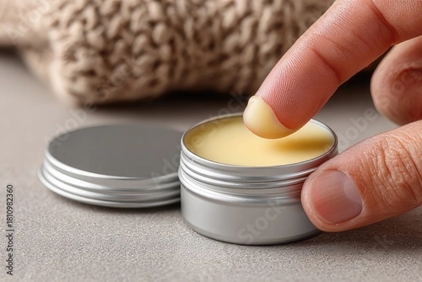 Fototapeta Finger dipping into natural balm in a tin container