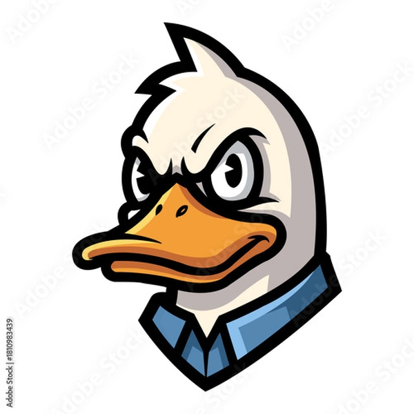 Fototapeta Cartoon illustration of an angry duck head. Features white feathers, an orange beak, and a blue collar against a black background. Ideal for mascot designs and graphic elements