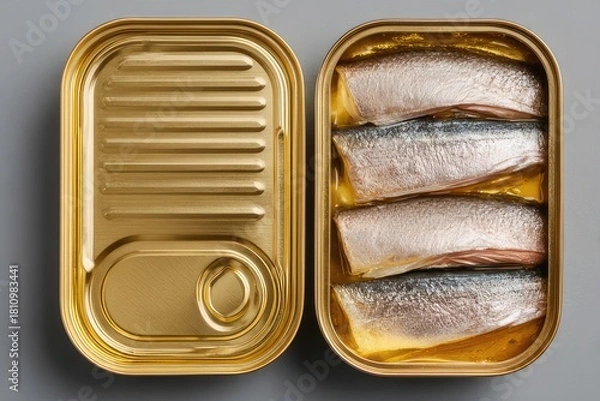 Fototapeta Golden canned fish, one tin open with sardines in oil,  