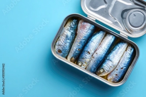 Fototapeta Open tin of sardines on blue background