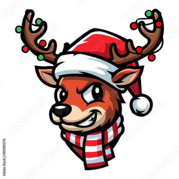 Fototapeta Cartoon image of a reindeer with a red and white scarf and holiday hat. The antlers are decorated with christmas lights against a black background