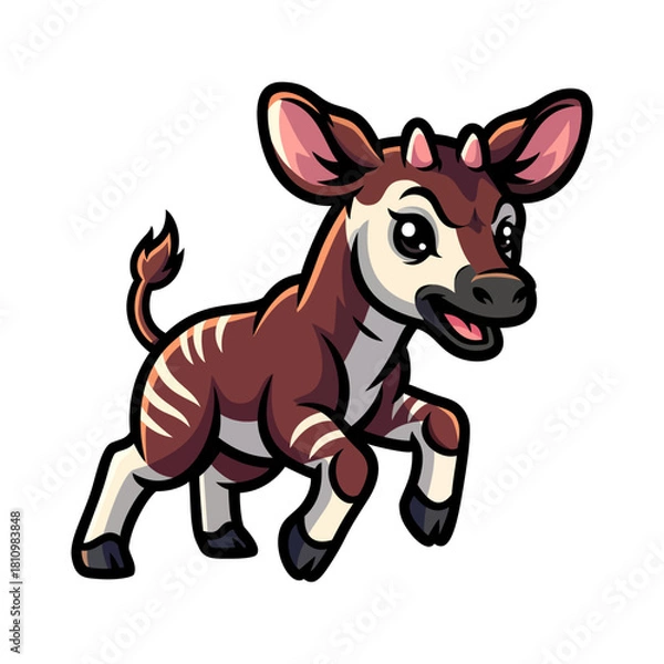 Fototapeta A charming cartoon okapi with distinctive brown and white stripes depicted in a dynamic leaping pose against a stark black background. This full body illustration is cheerful and inviting, perfect