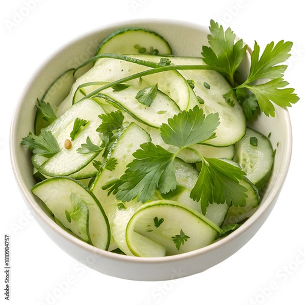 Fototapeta A delicious cucumber salad with parsley in a bowl or isolated on white background