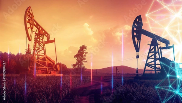 Fototapeta Oil pumps in field at sunset with financial charts concept. Oil pumps operate against a vibrant sunset backdrop.