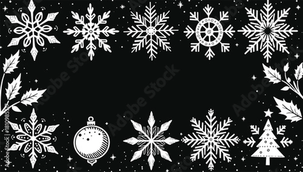 Obraz Elegant White Ornamental Geometric Shapes and Decorative Elements on Black Background Pattern