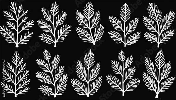 Obraz Elegant White Botanical Leaf Illustrations on Black Background in Decorative Seamless Design