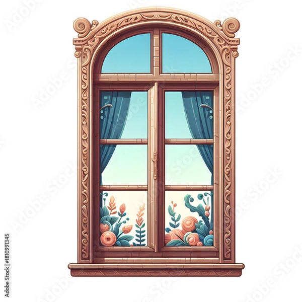 Fototapeta Realistic wood window frame isolated on transparent background