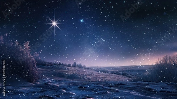 Fototapeta Tranquil epiphany scene with starry night and snowfall for three kings day celebration. Horizontal banner. Copy space. Star of Bethlehem, or Christmas Star