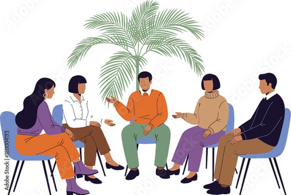 Fototapeta Diverse vector illustration of a small support group sitting in a circle, engaged in an open, honest discussion about mental health, counseling, psychological assistance, and community well-being in a