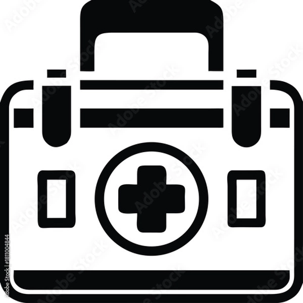 Fototapeta Simple black and white icon of a medical first aid kit with a cross symbol