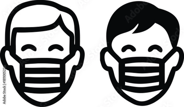Fototapeta Two simple stylized faces wearing protective face masks for health and safety