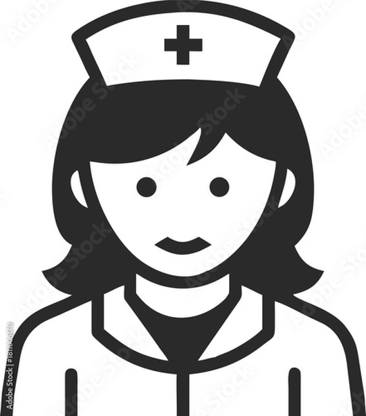 Fototapeta Stylized illustration of a friendly female nurse wearing a white uniform and cap with a cross symbol