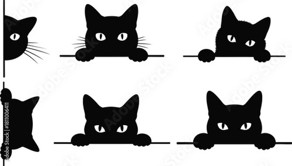Obraz Black cat peeking over edge vector illustration set