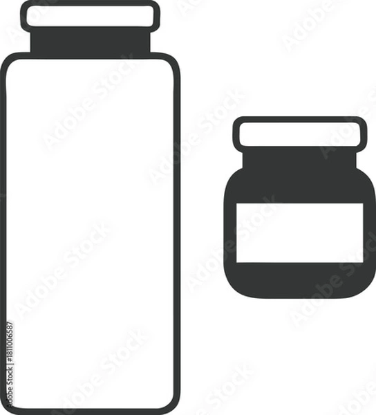 Fototapeta Two simple black and white silhouette icons of bottles and jars with blank labels for branding