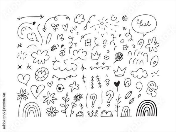 Fototapeta Large Hand Drawn Doodle Elements Set – Hearts, Flowers, Arrows and Sketch Icons