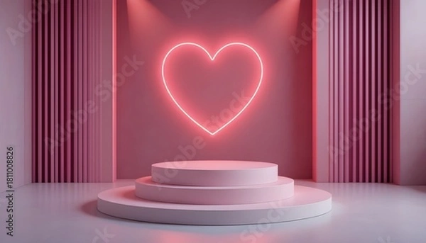 Fototapeta 3D Valentine’s Day podium set with neon hearts and geometric pedestal platforms