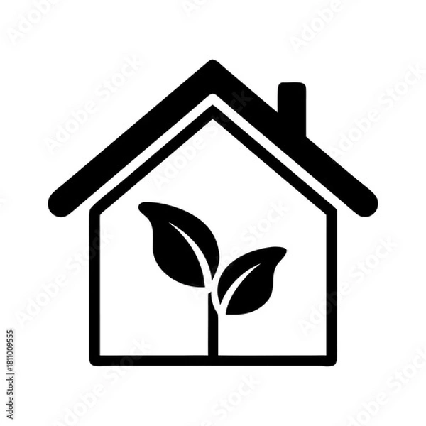 Obraz Green Eco-Friendly House and Leaf Icon Vector - Renewable Energy, Ecology, and Sustainable Home Symbol