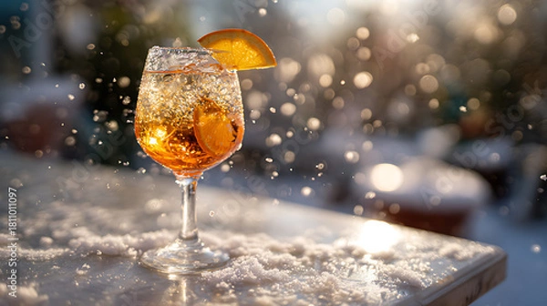 Fototapeta Aperol Spritz cocktail with orange slice served in elegant glass on snowy surface, winter drink at sunset with bokeh background
