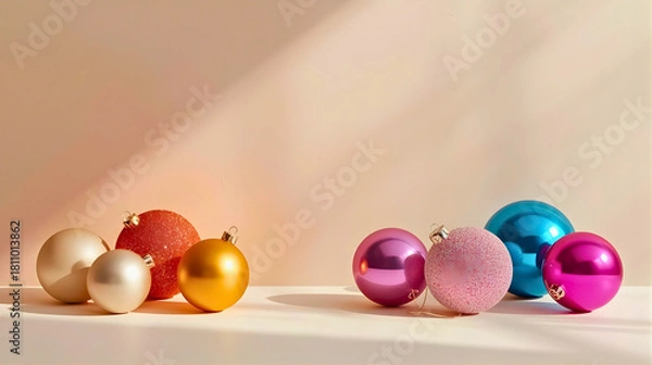 Obraz A collection of vibrant Christmas ornaments in gold, red, pink, and blue placed on a white surface, illuminated by warm natural light for a soft festive mood.