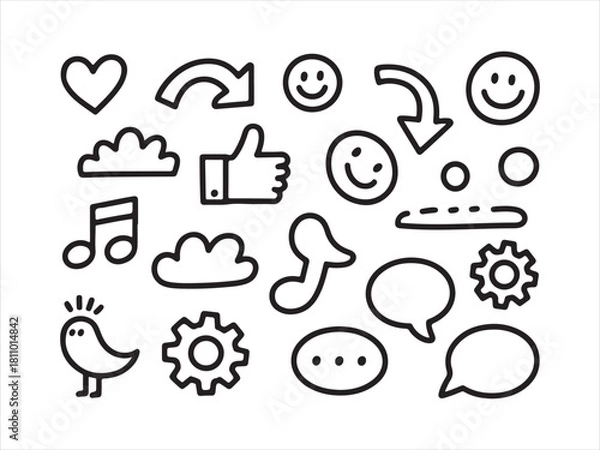 Obraz Hand Drawn Emoji and Chat Doodle Icons Set – Cute Sketch Symbols