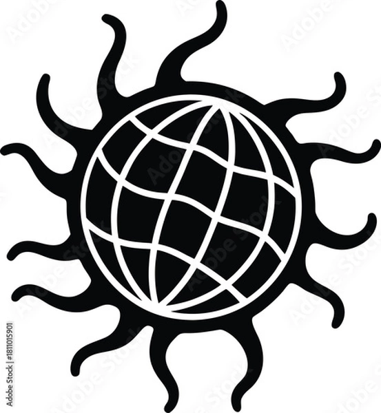 Obraz Stylized globe with radiating sun rays black vector icon illustration