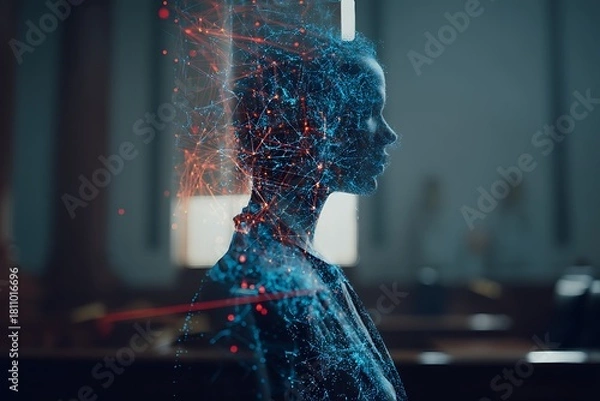 Fototapeta Digital Human Profile with Neural Network Data Visualization in Futuristic Style