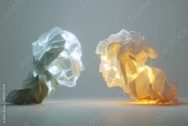 Fototapeta Abstract Lighted Human Faces Sculpture in White and Warm Yellow Tones Artistic Concept