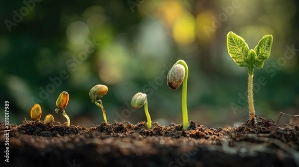 Fototapeta Seedling growth progression soil to plant, stages, bokeh background