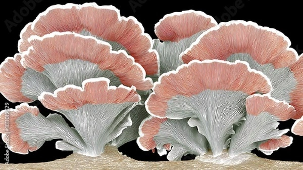 Fototapeta Pink and Gray Gilled Mushrooms Growing on Soil in Natural Environment