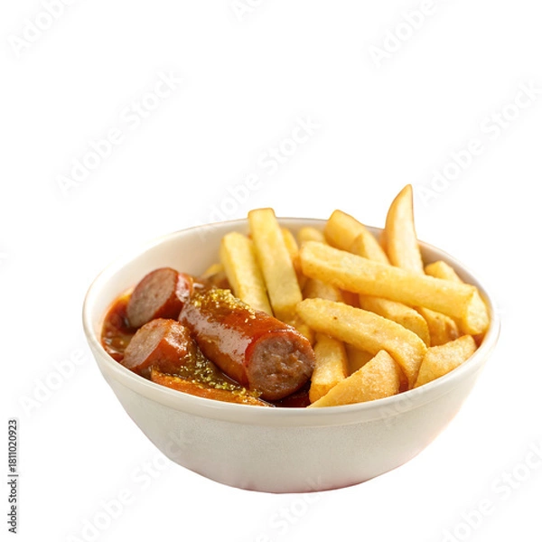 Fototapeta fast food meal with fried potatoes and currywurst isolated