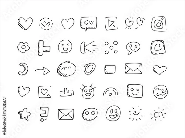 Fototapeta Hand Drawn Doodle Icons Set – Emojis, Arrows and Chat Symbols