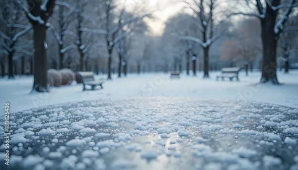 Fototapeta A serene winter landscape, on blurred background a frost-covered bench in the midst of a snow-covered park.