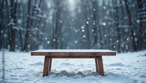 Fototapeta Wooden bench stands in a serene winter landscape, its surface reflecting the soft focus of snowflakes gently falling in the background.