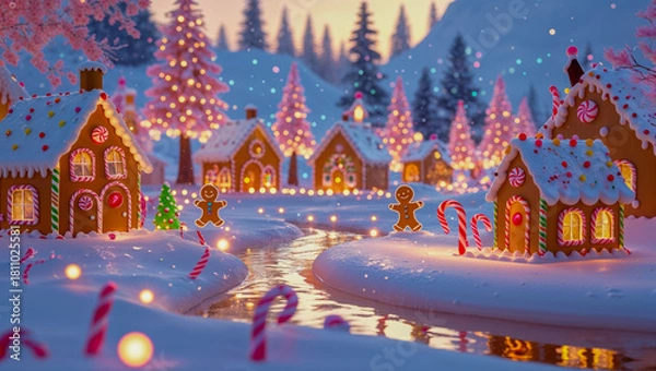 Obraz AI-generated image of a winter wonderland of Christmas spirits, where gingerbread houses and a river come to life
