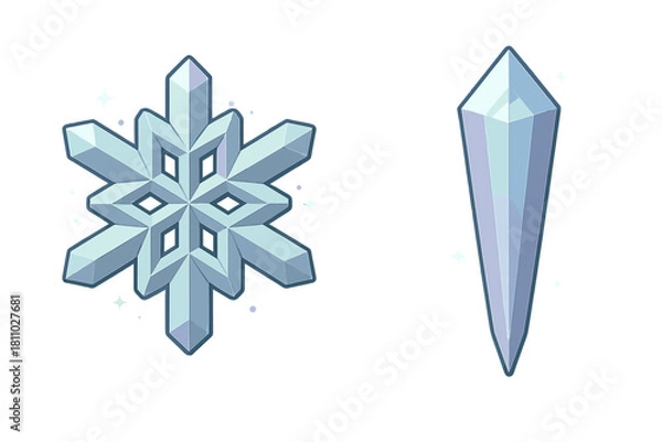 Fototapeta Detailed winter snowflake symbol and sharp crystal icicle shape on white background