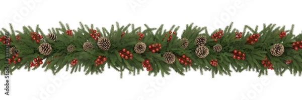 Fototapeta Christmas garland with pine cones and red bows isolated on transparent background