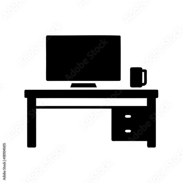 Fototapeta Simple black silhouette of an office desk with computer Vector