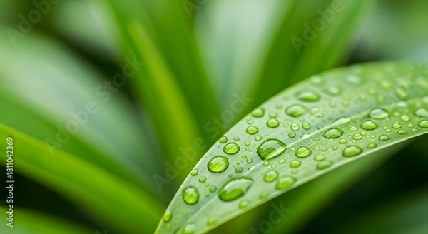 Fototapeta Close up of green leaf covered in numerous clear water droplets water drops nature