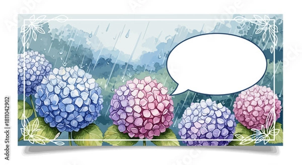 Fototapeta Hydrangeas and Rain Banner Illustration