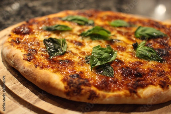 Obraz Delicious homemade pizza with fresh basil leaves ready to be served on a wooden board, perfect for a cozy dinner or a food blog post, inviting and appetizing