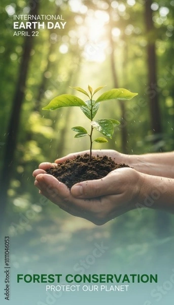 Obraz Hands gently holding a young green sapling in rich soil within a sunlit forest, symbolizing Earth Day, forest conservation, and the global commitment to protect and restore our planet’s ecosystems.