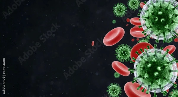 Obraz 3D Green Virus and Red Blood Cells on Dark Background with Copy Space for Medical Banner