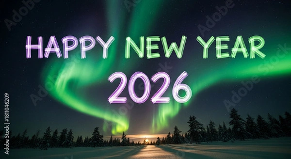 Obraz Happy new year 2026 celebration with aurora borealis in the night sky over a snowy landscape, creating a festive and magical atmosphere for the upcoming year
