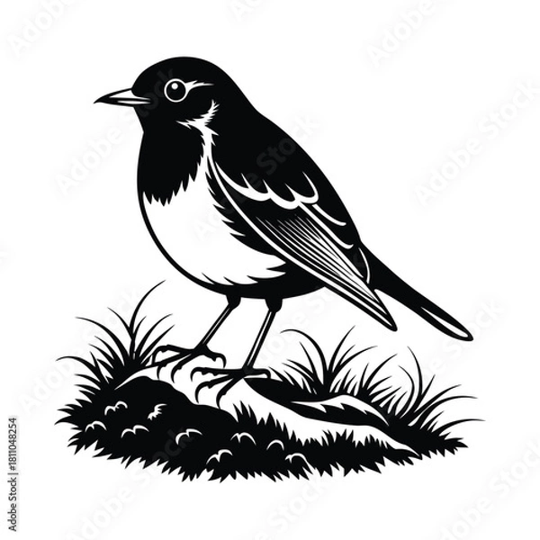 Obraz Songbird Vector Silhouette Perched on Grass Patch Wildlife Illustration Isolated