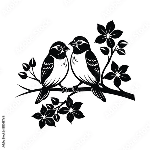 Obraz Two Birds on Branch Vector Silhouette Floral Arrangement Wildlife Illustration
