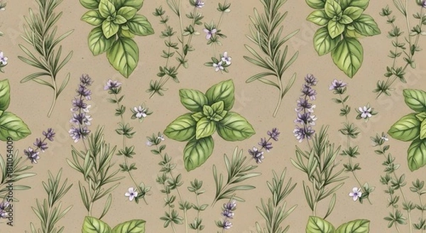 Obraz Hand-drawn seamless pattern of culinary herbs like basil, rosemary, lavender, and thyme, a botanical watercolor illustration on a craft background
