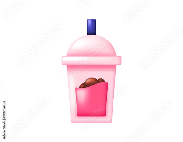 Obraz Illustration of red boba drink with strawberry flavor. Sweet drink. 3D style design. Icon, symbol, element, white background.