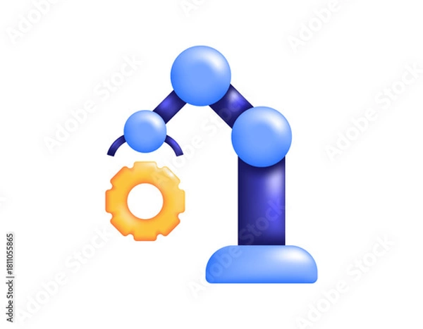 Obraz Production operator concept, automation, robotics, engineering. Manufacturing and industry. Illustration of a robotic arm with gears. 3D style design. Icon, symbol, element, white background.
