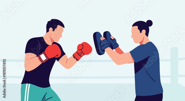 Fototapeta Two boxers training in a ring, with one man throwing punches at training mitts held by his partner.