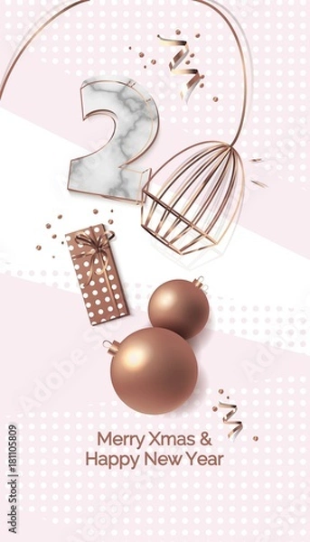 Fototapeta 2018 New Year text design.  Trendy poster with copper and marble textures. Vector illustration